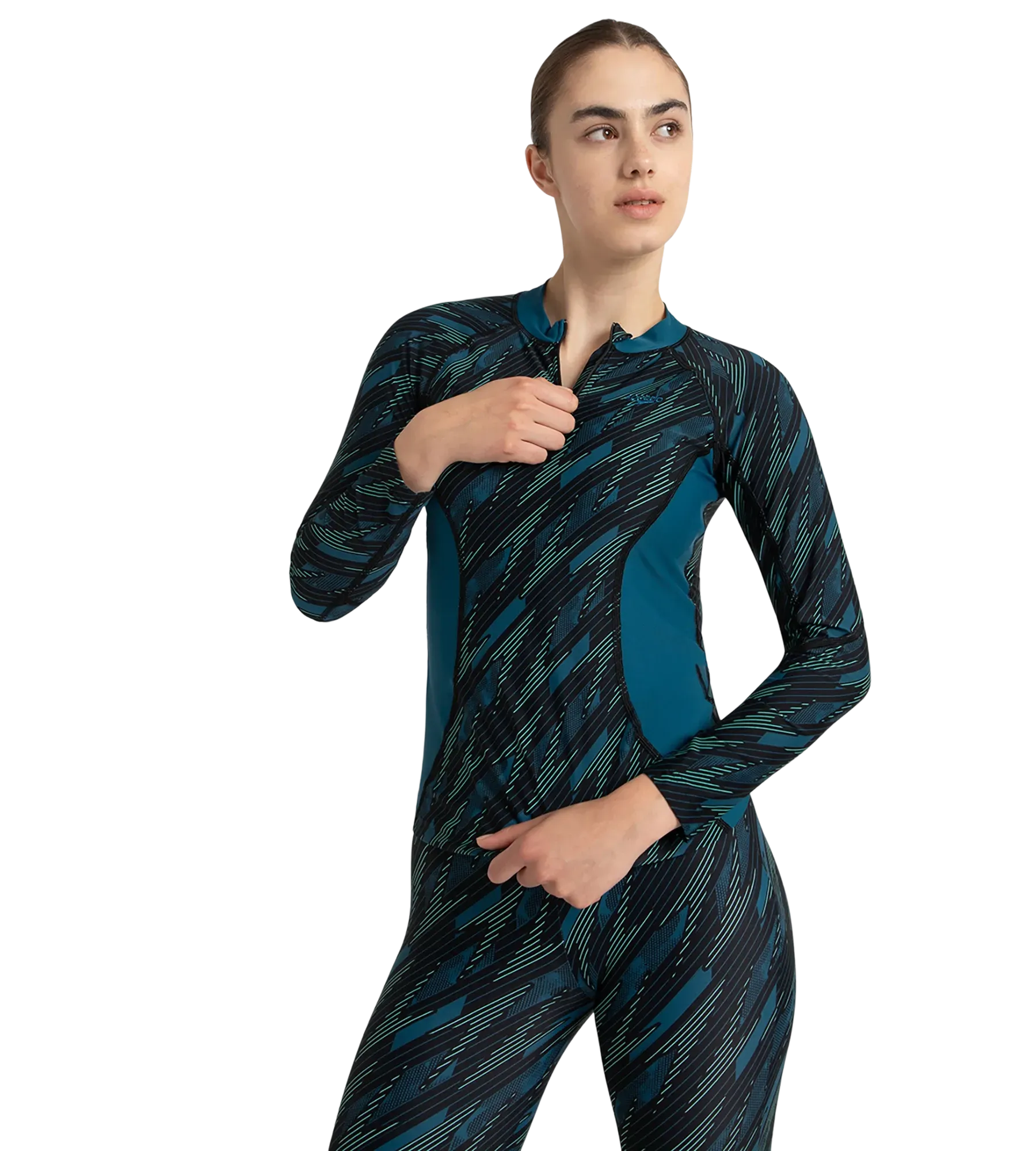 Women's Hyperboom Print Long Sleeve Suntop - Black. Dark Teal & Arctic Glass
