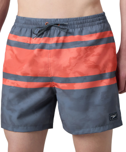 Men's 4 Way Comfort Stretch Essential Printed Watershorts With Side Pockets - Grey Lead & Tropical Coral