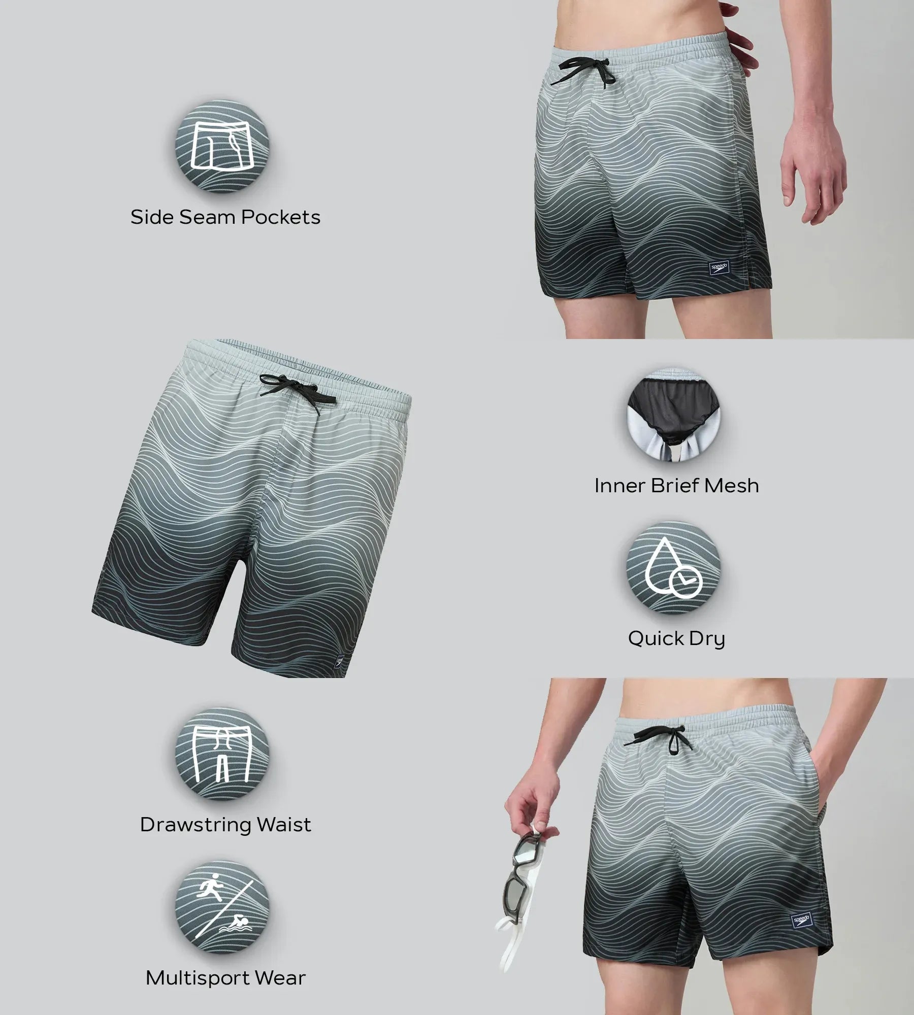 Men's 4 Way Comfort Stretch Essential Printed Watershorts With Side Pockets - Antracite & Coin Grey - Image 6