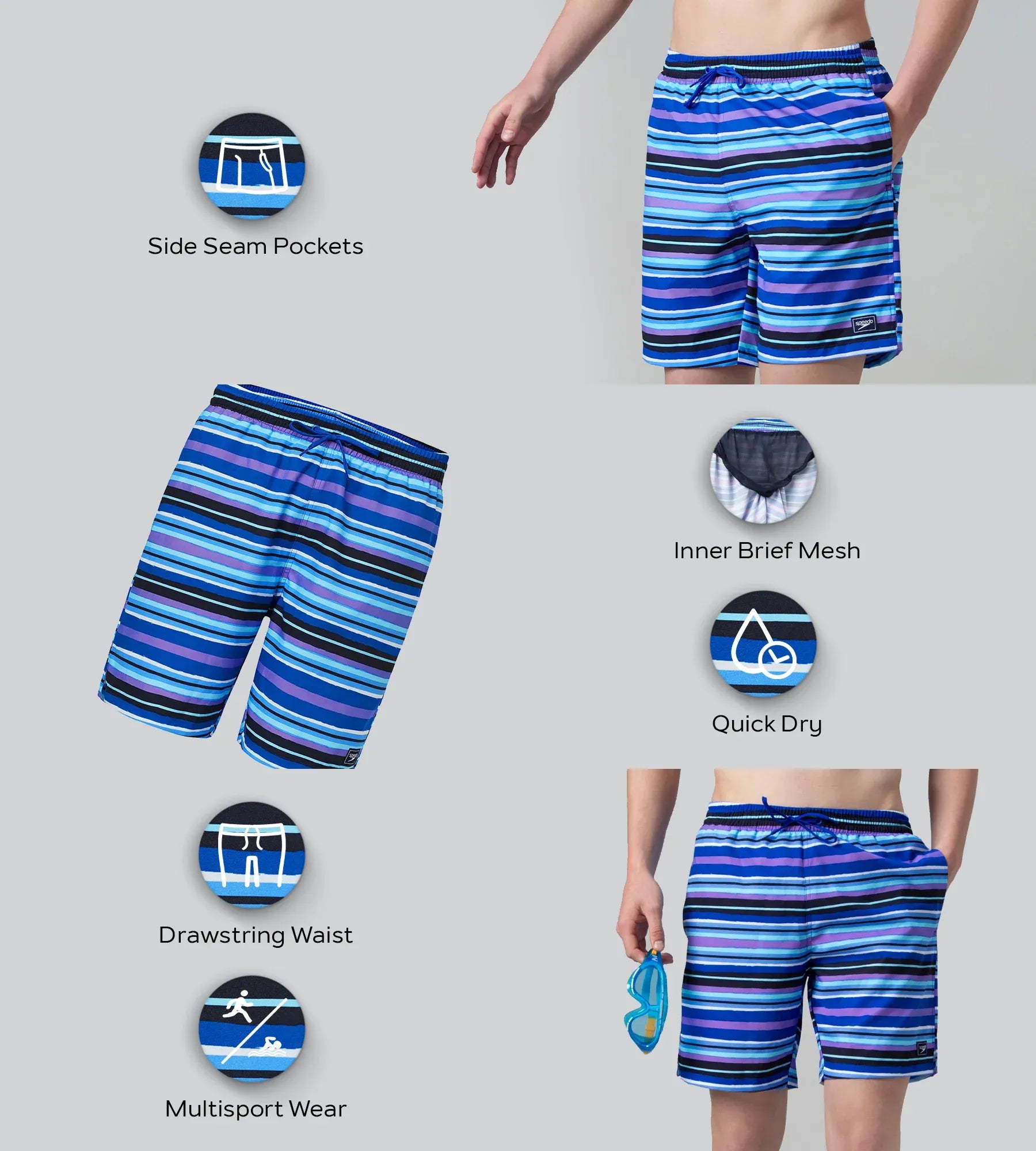 Men's 4 Way Comfort Stretch Essential Printed Watershorts With Side Pockets - Peacoat & Periwinkle Blue - Image 5