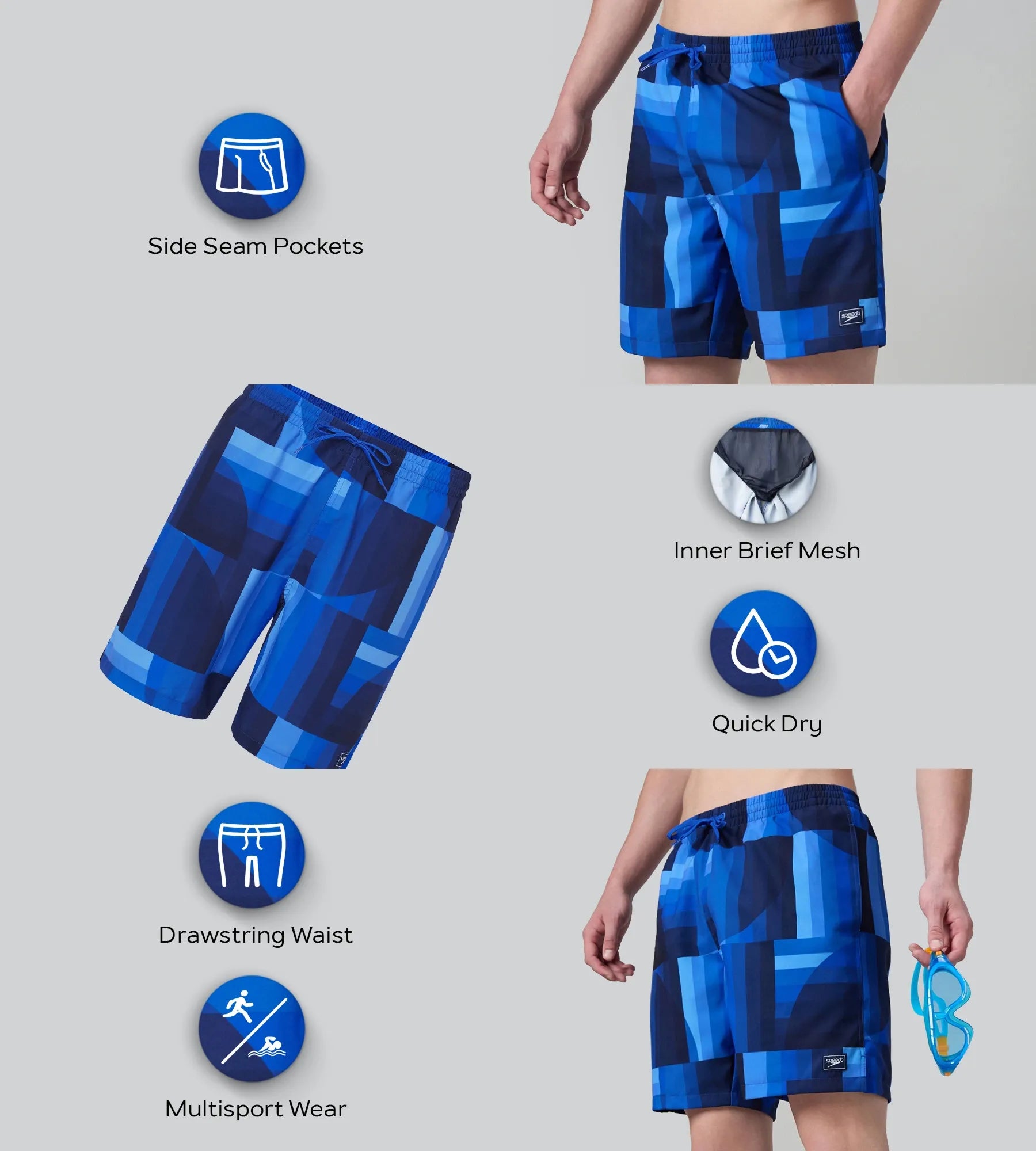 Men's 4 Way Comfort Stretch Essential Printed Watershorts With Side Pockets - Periwinkle Blue - Image 5