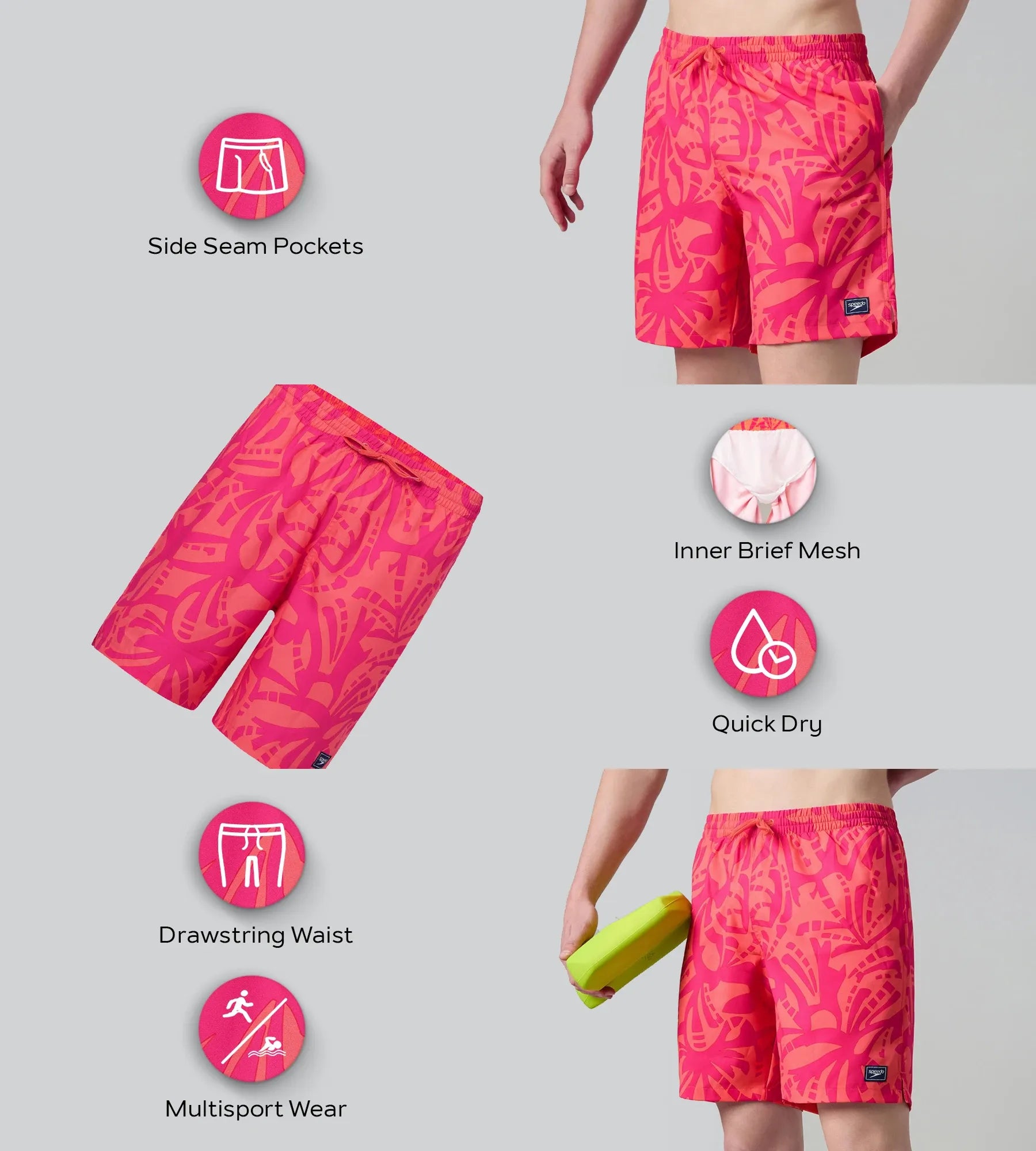 Men's 4 Way Comfort Stretch Essential Printed Watershorts With Side Pockets - Margarita Pink & Tropic Coral - Image 4