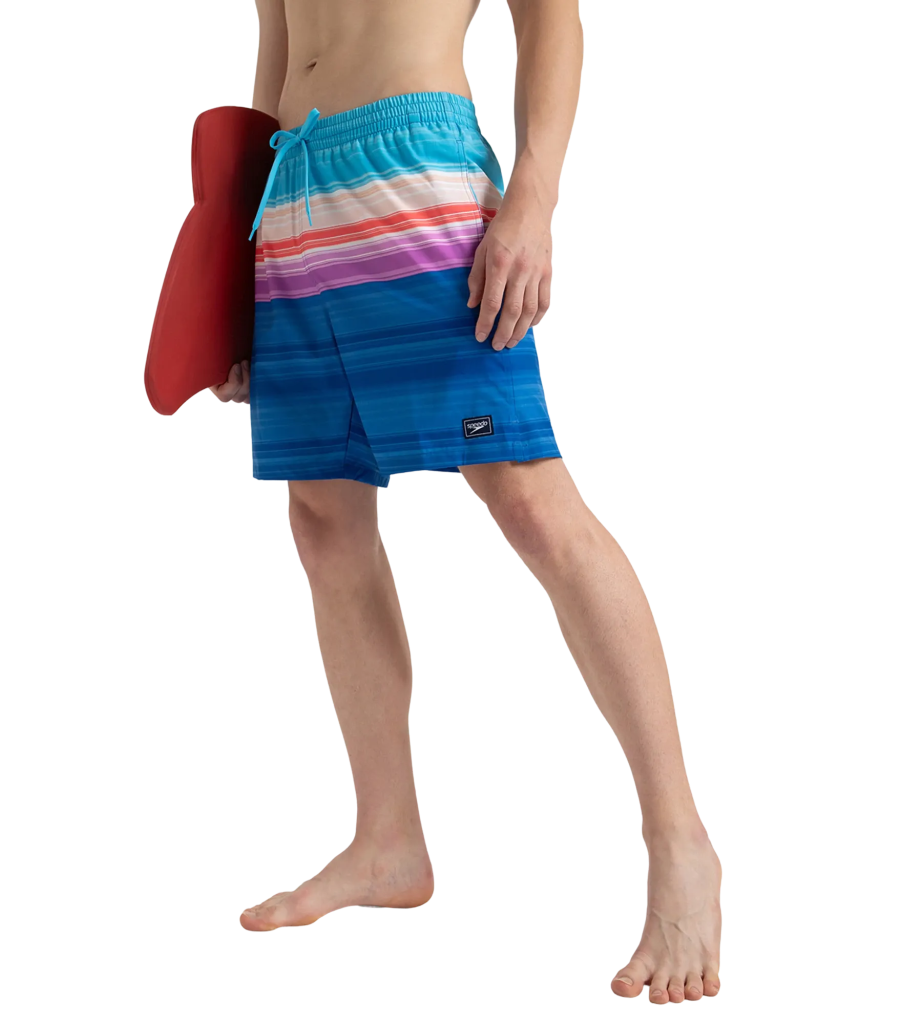 Men's 4 Way Flex Essential Printed Watershorts With Side Pockets - Turkish Sea. Picton Blue & Neon Violet