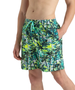 Men's 4 Way Comfort Stretch Essential Printed Watershorts With Side Pockets - Swell Green. Arctic Glass & Hyper Yellow