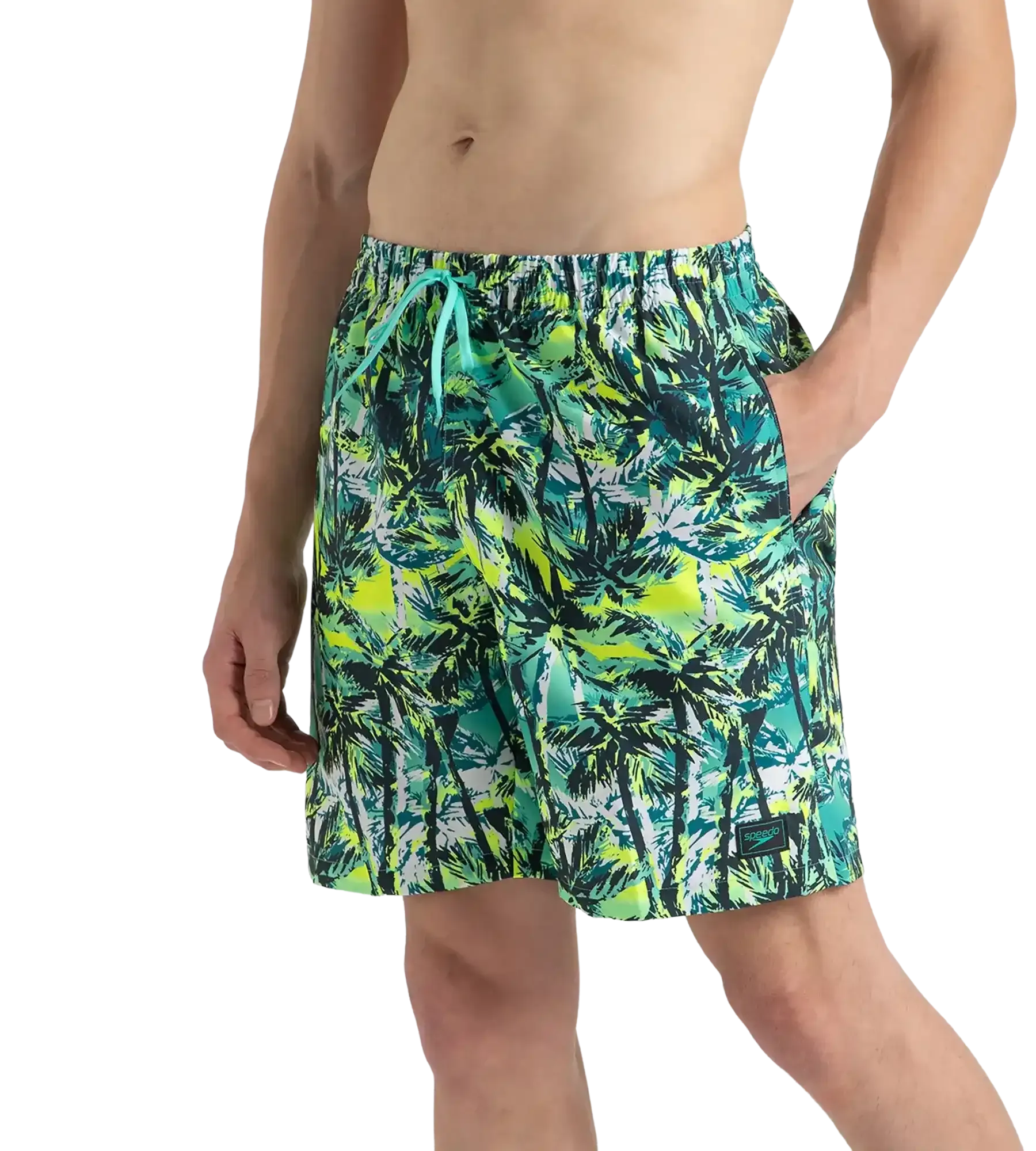 Men's 4 Way Comfort Stretch Essential Printed Watershorts With Side Pockets - Swell Green. Arctic Glass & Hyper Yellow