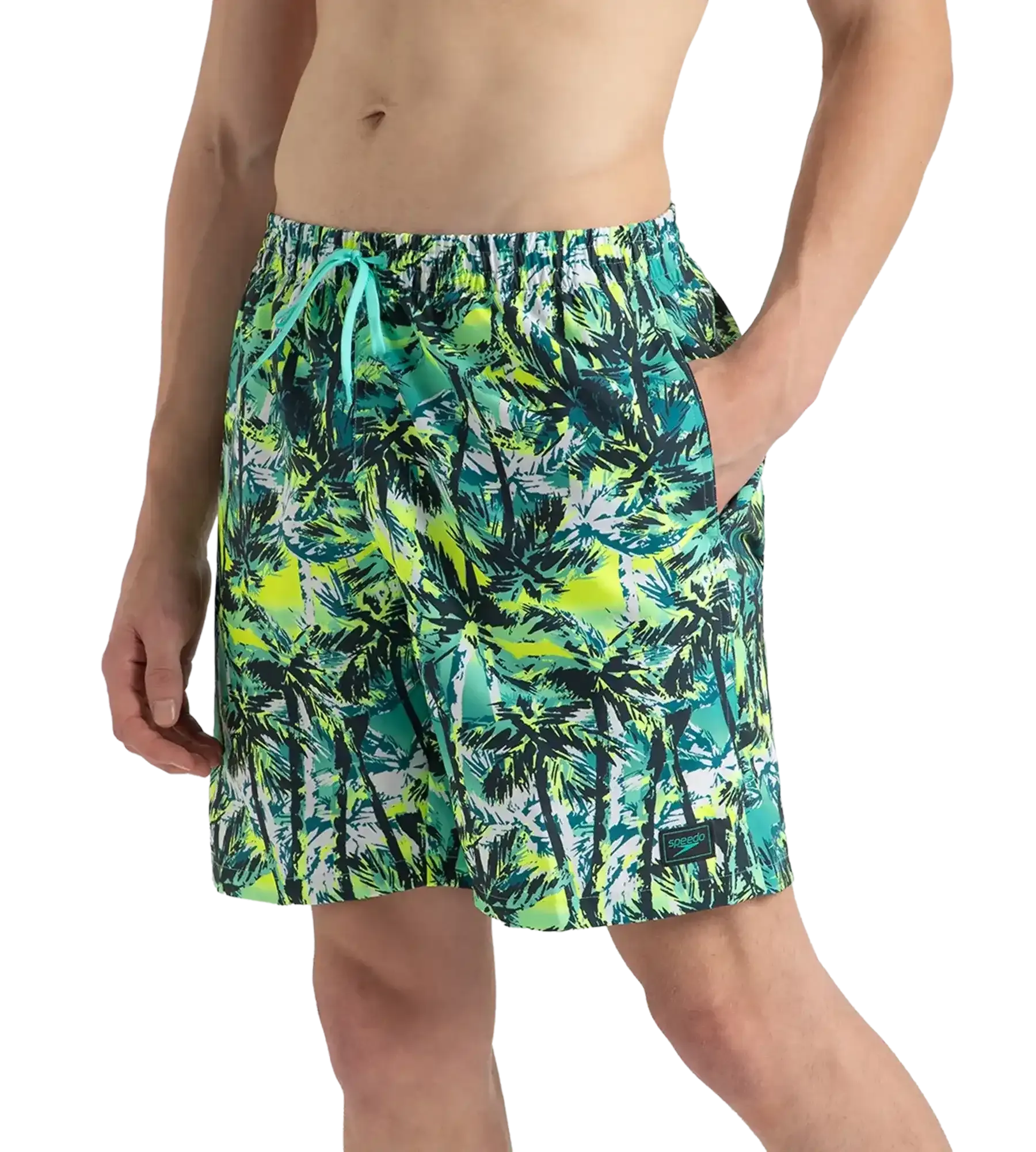 Men's 4 Way Comfort Stretch Essential Printed Watershorts With Side Pockets - Swell Green. Arctic Glass & Hyper Yellow - Image 3
