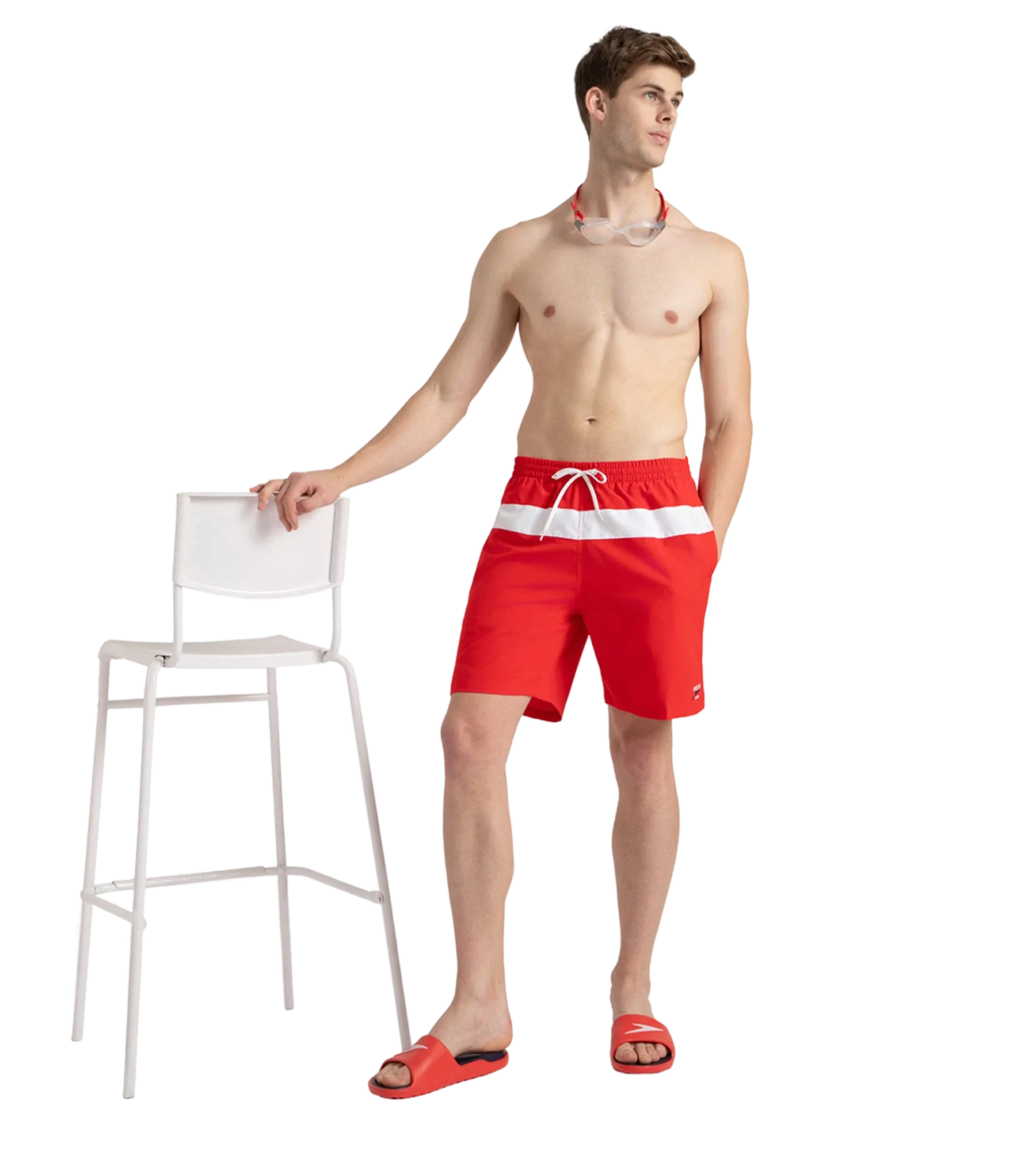 Men's 4 Way Comfort Stretch Volley Watershorts With Side Pockets - High Risk Red & White - Image 7
