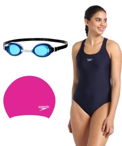 Combo of Goggles. Cap & One Piece Swimwear For Women - Blue. Pink & True Navy
