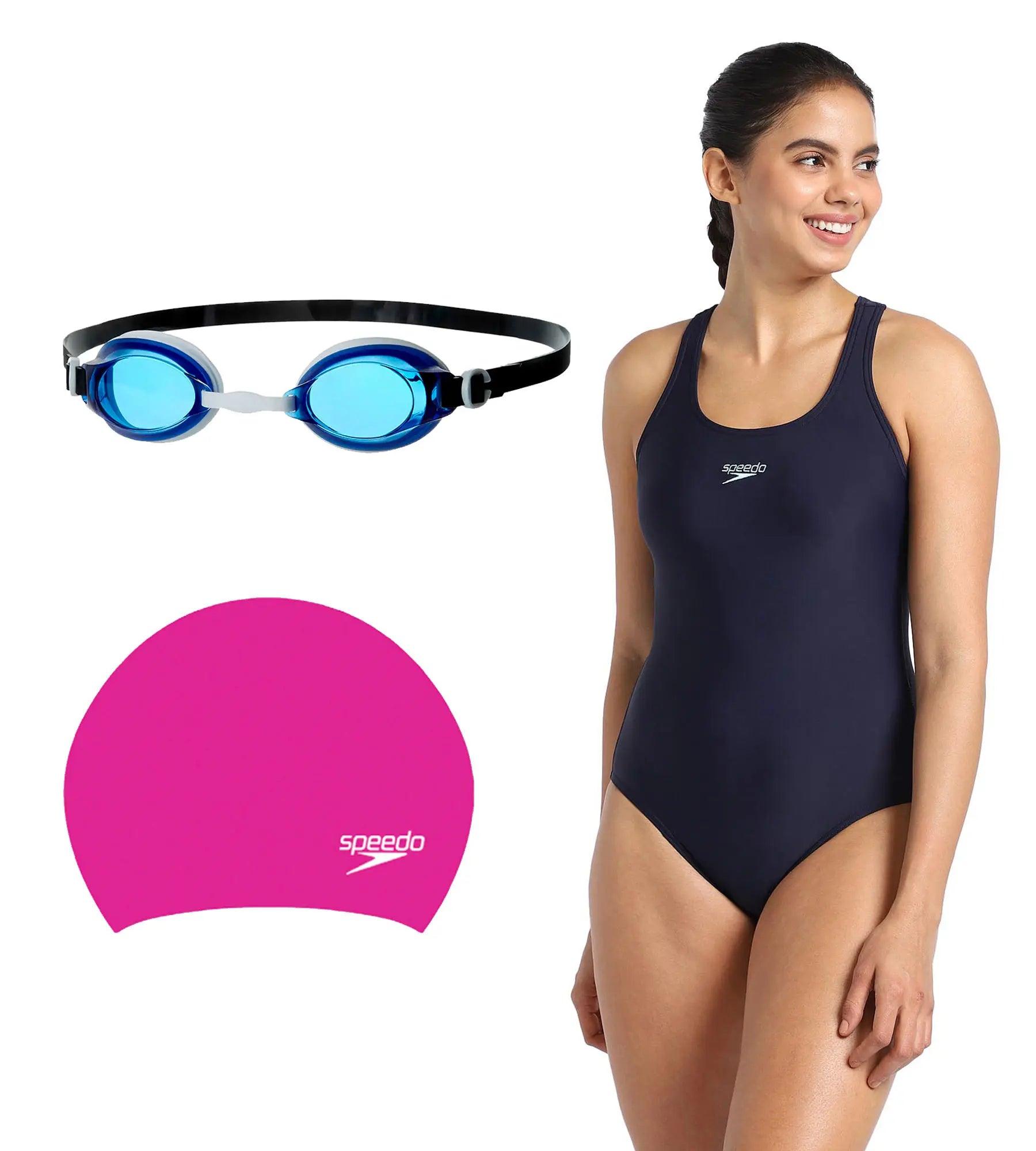Combo of Goggles. Cap & One Piece Swimwear For Women - Blue. Pink & True Navy