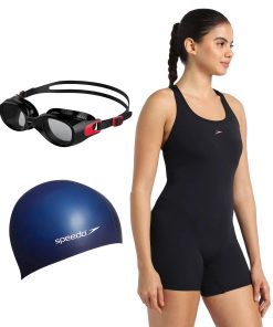 Combo of Goggles. Swim Cap & Legsuit For Women - Black & Navy