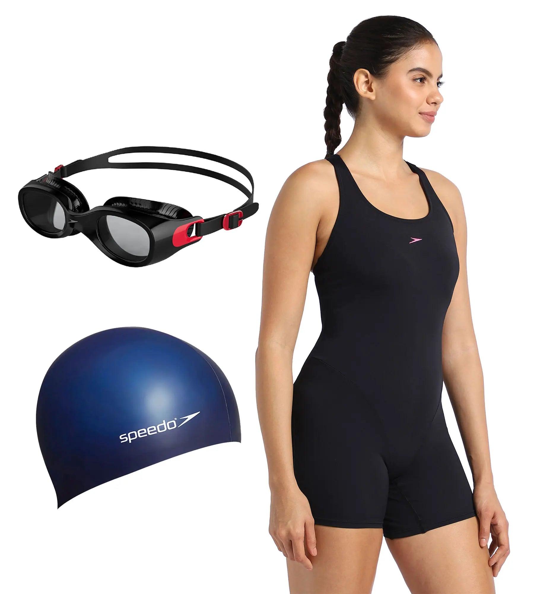 Combo of Goggles. Swim Cap & Legsuit For Women - Black & Navy