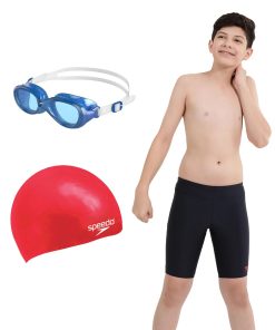 Combo of Goggles. Swim Cap & Jammer For Boys - Red. Blue & True Navy