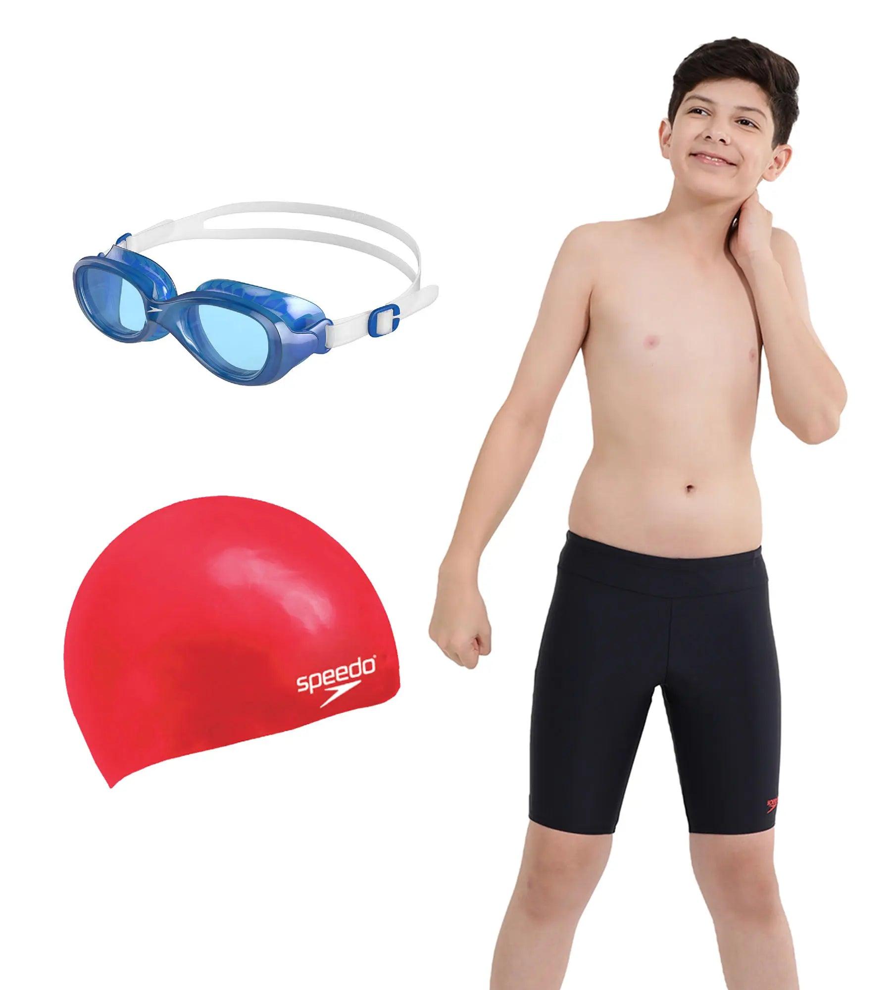 Combo of Goggles. Swim Cap & Jammer For Boys - Red. Blue & True Navy