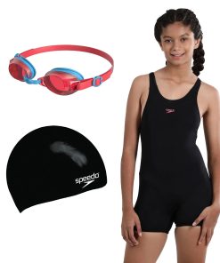 Combo of Goggles. Swim Cap & Legsuit For Girls - Lava Red & Black