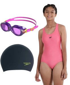 Combo of Goggles. Swim Cap & V-Cut Swimsuit For Girls - Ecstatic Pink. Black & Fandango Pink