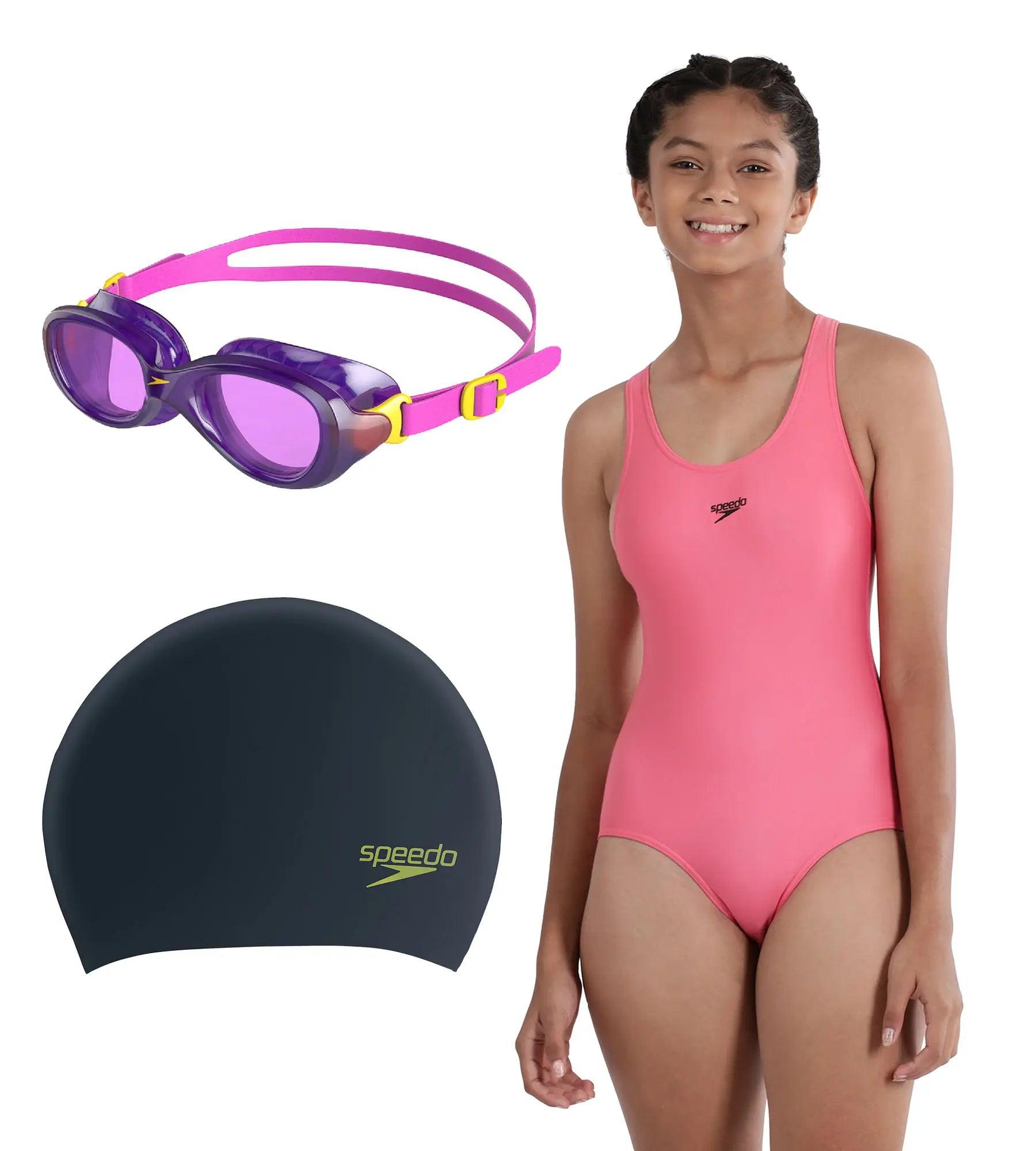 Combo of Goggles. Swim Cap & V-Cut Swimsuit For Girls - Ecstatic Pink. Black & Fandango Pink