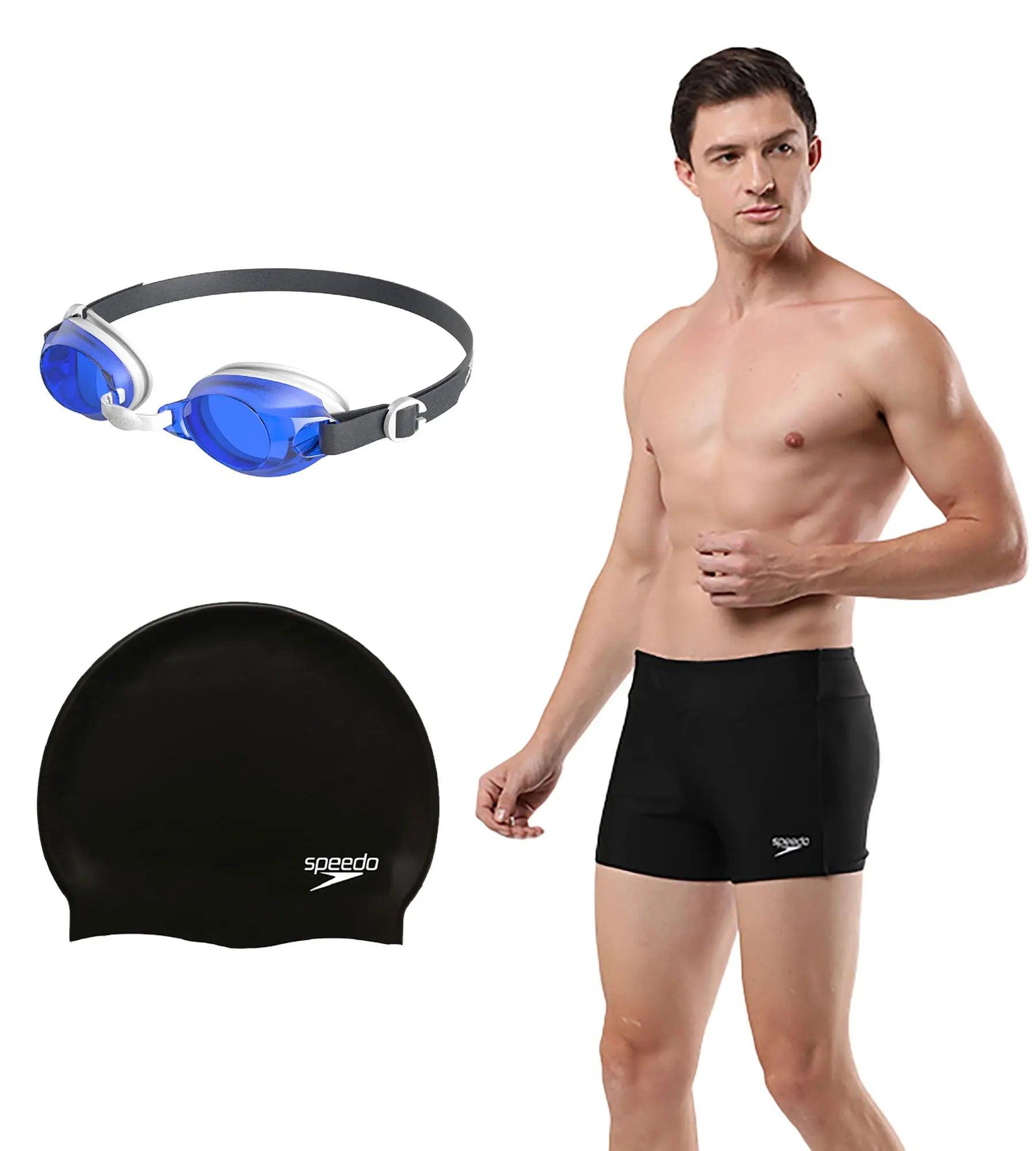 Combo of Goggles. Swim Cap & Aquashorts For Men - Blue & Black