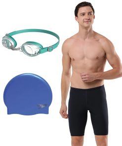 Combo of Goggles. Swim Cap & Jammer For Men - Green. Blue & True Navy