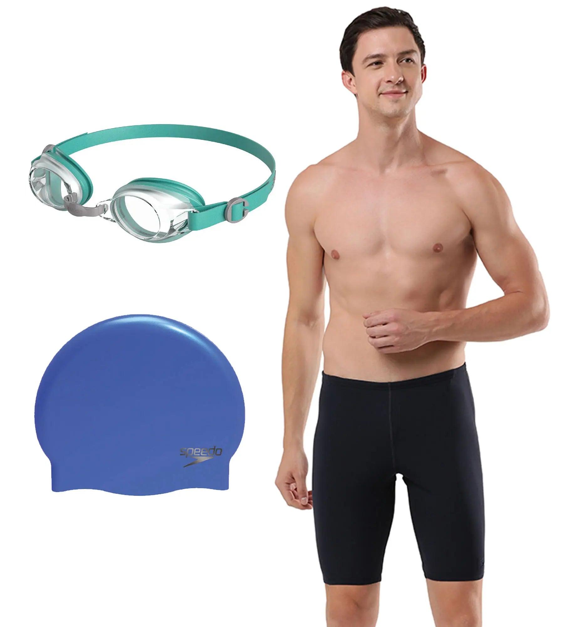 Combo of Goggles. Swim Cap & Jammer For Men - Green. Blue & True Navy