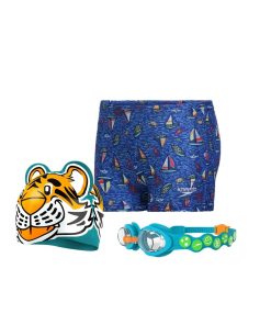Combo of Goggles. Swim Cap & Aquashort For Boys - True Cobalt. Orange & Green
