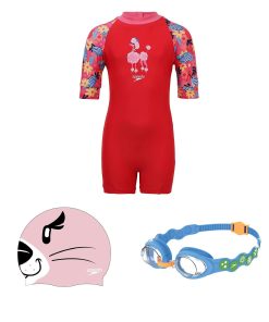 Combo of Goggles. Swim Cap & Legsuit For Girls - Pink. Blue & Red