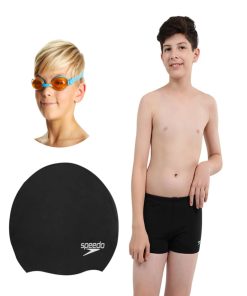 Combo of Goggles. Swim Cap & Aquashorts For Boys - Black & Blue