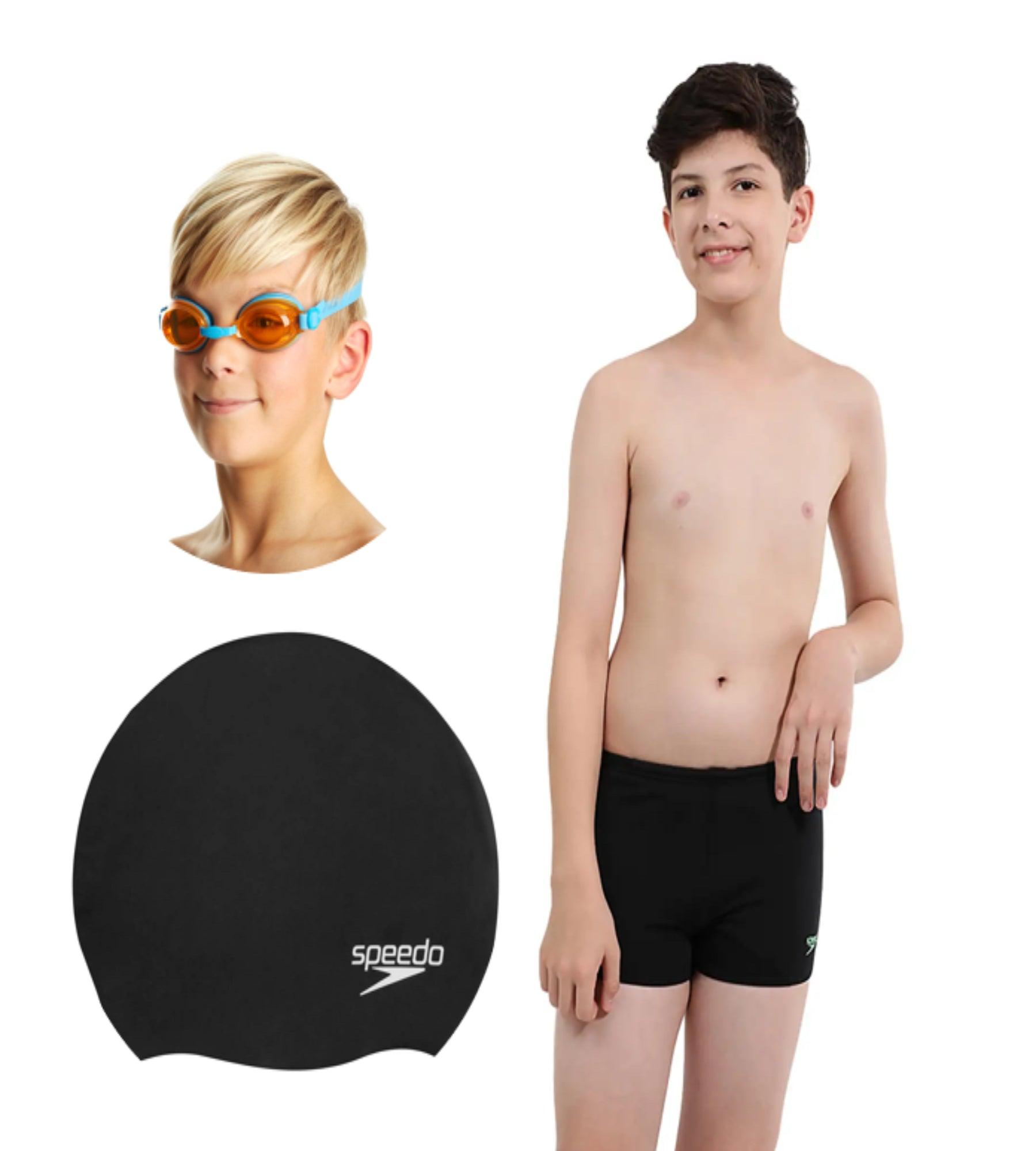 Combo of Goggles. Swim Cap & Aquashorts For Boys - Black & Blue